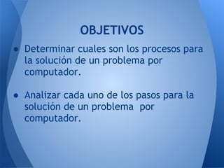 OBJETIVOS
● Determinar cuales son los procesos para
  la solución de un problema por
  computador.
 
● Analizar cada uno de los pasos para la
  solución de un problema por
  computador.
 
 