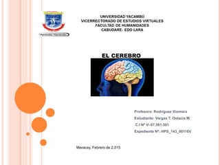 Profesora: Rodríguez Xiomara
Estudiante: Vargas T. Ostacia M.
C.I Nº V- 07.561.501
Expediente Nº: HPS_143_00116V
EL CEREBRO
Maracay, Febrero de 2.015
 
