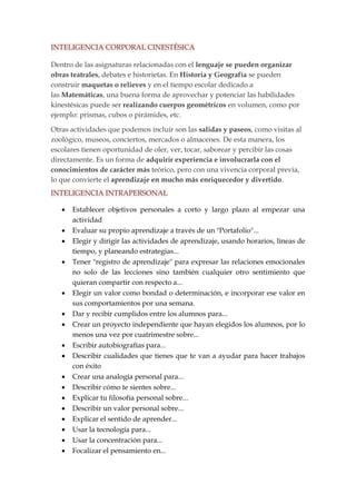 INTELIGENCIA CORPORAL CINESTÉSICA
Dentro de las asignaturas relacionadas con el lenguaje se pueden organizar
obras teatrales, debates e historietas. En Historia y Geografía se pueden
construir maquetas o relieves y en el tiempo escolar dedicado a
las Matemáticas, una buena forma de aprovechar y potenciar las habilidades
kinestésicas puede ser realizando cuerpos geométricos en volumen, como por
ejemplo: prismas, cubos o pirámides, etc.
Otras actividades que podemos incluir son las salidas y paseos, como visitas al
zoológico, museos, conciertos, mercados o almacenes. De esta manera, los
escolares tienen oportunidad de oler, ver, tocar, saborear y percibir las cosas
directamente. Es un forma de adquirir experiencia e involucrarla con el
conocimientos de carácter más teórico, pero con una vivencia corporal previa,
lo que convierte el aprendizaje en mucho más enriquecedor y divertido.
INTELIGENCIA INTRAPERSONAL
 Establecer objetivos personales a corto y largo plazo al empezar una
actividad
 Evaluar su propio aprendizaje a través de un "Portafolio"...
 Elegir y dirigir las actividades de aprendizaje, usando horarios, líneas de
tiempo, y planeando estrategias...
 Tener "registro de aprendizaje" para expresar las relaciones emocionales
no solo de las lecciones sino también cualquier otro sentimiento que
quieran compartir con respecto a...
 Elegir un valor como bondad o determinación, e incorporar ese valor en
sus comportamientos por una semana.
 Dar y recibir cumplidos entre los alumnos para...
 Crear un proyecto independiente que hayan elegidos los alumnos, por lo
menos una vez por cuatrimestre sobre...
 Escribir autobiografías para...
 Describir cualidades que tienes que te van a ayudar para hacer trabajos
con éxito
 Crear una analogía personal para...
 Describir cómo te sientes sobre...
 Explicar tu filosofía personal sobre...
 Describir un valor personal sobre...
 Explicar el sentido de aprender...
 Usar la tecnología para...
 Usar la concentración para...
 Focalizar el pensamiento en...
 