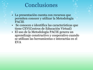 Conclusiones  La presentaciòn cuenta con recursos que permiten conocer y utilizar la Metodología PACIE   Se conocen e identifica las características que tiene CEV(Centros de Educación Virtual) El uso de la Metodología PACIE genera un aprendizaje constructivo y cooperativo cuando se utilizan las herramientas e interactúa en el EVA 