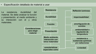 • Especificación detallada de material a usar
Consideraciones
para elegir
material
Resistencia
Durabilidad
Medio ambiente
interacción con
otros materiales
Presentación
Función
características
especiales como
Reflexión luminosa
impermeabilidad
amortiguación de
sonidos
ambientalidad o
regulación de
temperatura
resistencia a
sustancias químicas
y/o radiaciones
Liviandad
La resistencia, durabilidad del
material. Se debe analizar la función
y presentación, el medio ambiente y
su interacción con el y otros
materiales.
 