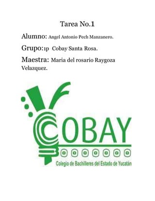 Tarea No.1 
Alumno: Angel Antonio Pech Manzanero. 
Grupo:1p Cobay Santa Rosa. 
Maestra: Maria del rosario Raygoza 
Velazquez. 
 