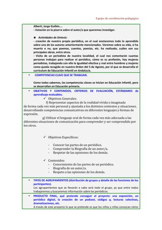 Equipo de coordinación pedagógica
Alberti, Jorge Guillén….
- Votación en la pizarra sobre el autor/a que queremos investigar.
● Actividades de Síntesis:
- creación de nuestro propio periódico, en el cual anotaremos todo lo aprendido
sobre uno de los autores anteriormente mencionados. Veremos sobre su vida, si ha
muerto o no, que poemas, cuentos, poesías, etc. ha realizado, cuáles son sus
principales obras, entre otros.
- Visita de un periodista de nuestra localidad, el cual nos comentarán cuantas
personas trabajan para realizar el periódico, cómo es su profesión, hay mujeres
periodistas, trabajando con ello la Igualdad efectiva y real entre hombres y mujeres
como queda recogido en nuestra Orden del 5 de Agosto, por el que se desarrolla el
currículum de Educación Infantil en Andalucía.
• COMPETENCIAS CLAVE QUE SE TRABAJAN.
Como todos sabemos, las competencias claves se inician en Educación infantil, pero
se desarrollan en Educación primaria.
• OBJETIVOS Y CONTENIDOS, CRITERIOS DE EVALUACIÓN, ESTÁNDARES de
aprendizaje evaluables.
 Objetivos Generales:
f) Representar aspectos de la realidad vivida o imaginada
de forma cada vez más personal y ajustada a los distintos contextos y situaciones,
desarrollando competencias comunicativas en diferentes lenguajes y formas de
expresión.
g) Utilizar el lenguaje oral de forma cada vez más adecuada a las
diferentes situaciones de comunicación para comprender y ser comprendido por
los otros.
 Objetivos Específicos:
- Conocer las partes de un periódico.
- Comprender la Biografía de un autor/a.
- Respetar de las opiniones de los demás.
 Contenidos:
- Conocimiento de las partes de un periódico.
- Biografía de un autor/a.
- Respeto a las opiniones de los demás.
• TIPOS DE AGRUPAMIENTOS (distribución de grupos y detalle de las funciones de los
participantes).
Los agrupamientos que se llevarán a cabo será todo el grupo, ya que entre todos
trabajaremos y buscaremos información sobre los periódicos.
• PRODUCTO FINAL, qué pretende conseguir el proyecto: una exposición, un
periódico digital, la creación de un podcast, códigos q, lecturas colectivas,
dramatizaciones, etc.
A través de este proyecto lo que se pretende es que los niños y niñas conozcan cómo
 