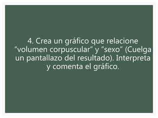 4. Crea un gráfico que relacione
“volumen corpuscular” y “sexo” (Cuelga
un pantallazo del resultado). Interpreta
y comenta el gráfico.
 