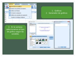 1. Gráficos
2. Generador de graficos
3. . En la ventana
seleccionamos el tipo
de gráfico según las
variables.
 