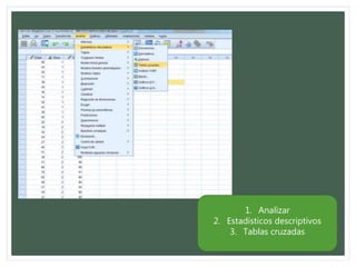 1. Analizar
2. Estadísticos descriptivos
3. Tablas cruzadas
 