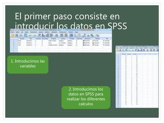 El primer paso consiste en
introducir los datos en SPSS
1. Introducimos las
variables
2. Introducimos los
datos en SPSS para
realizar los diferentes
calculos
 