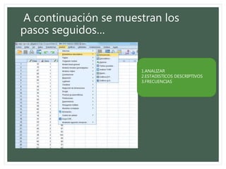 A continuación se muestran los
pasos seguidos…
1.ANALIZAR
2.ESTADISTICOS DESCRIPTIVOS
3.FRECUENCIAS
 