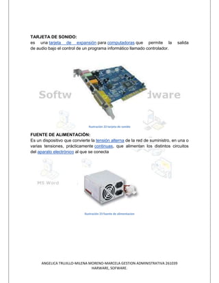 TARJETA DE SONIDO:
es una tarjeta de expansión para computadoras que permite la                  salida
de audio bajo el control de un programa informático llamado controlador.




                               Ilustración 22 tarjeta de sonido

FUENTE DE ALIMENTACIÓN:
Es un dispositivo que convierte la tensión alterna de la red de suministro, en una o
varias tensiones, prácticamente continuas, que alimentan los distintos circuitos
del aparato electrónico al que se conecta




                            Ilustración 23 fuente de alimentacion




     ANGELICA TRUJILLO-MILENA MORENO-MARCELA GESTION ADMINISTRATIVA 261039
                               HARWARE, SOFWARE.
 