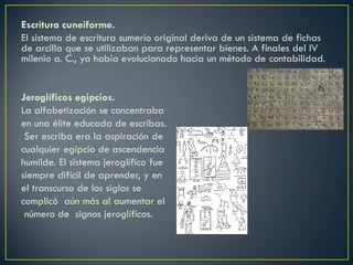Escritura cuneiforme.
El sistema de escritura sumerio original deriva de un sistema de fichas
de arcilla que se utilizaban para representar bienes. A finales del IV
milenio a. C., ya había evolucionado hacia un método de contabilidad.

Jeroglíficos egipcios.
La alfabetización se concentraba
en una élite educada de escribas.
Ser escriba era la aspiración de
cualquier egipcio de ascendencia
humilde. El sistema jeroglífico fue
siempre difícil de aprender, y en
el transcurso de los siglos se
complicó aún más al aumentar el
número de signos jeroglíficos.

 