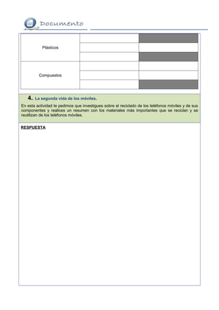 Plásticos




         Compuestos




   4.. La segunda vida de los móviles.
En esta actividad te pedimos que investigues sobre el reciclado de los teléfonos móviles y de sus
componentes y realices un resumen con los materiales más importantes que se reciclan y se
reutilizan de los teléfonos móviles.


RESPUESTA
 