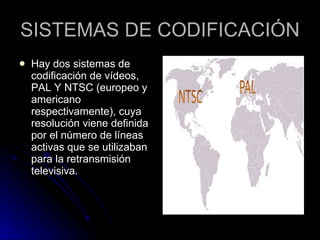 SISTEMAS DE CODIFICACIÓN Hay dos sistemas de codificación de vídeos, PAL Y NTSC (europeo y americano respectivamente), cuya resolución viene definida por el número de líneas activas que se utilizaban para la retransmisión televisiva.  