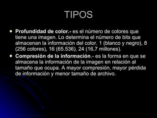 TIPOS Profundidad de color.-  es el número de colores que tiene una imagen. Lo determina el número de bits que almacenan la información del color. 1 (blanco y negro), 8 (256 colores), 16 (65.536), 24 (16,7 millones).  Compresión de la información .- es la forma en que se almacena la información de la imagen en relación al tamaño que ocupa. A mayor compresión, mayor pérdida de información y menor tamaño de archivo.  