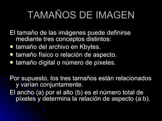TAMAÑOS DE IMAGEN El tamaño de las imágenes puede definirse mediante tres conceptos distintos:  tamaño del archivo en Kbytes.  tamaño físico o relación de aspecto.  tamaño digital o número de píxeles.     Por supuesto, los tres tamaños están relacionados y varían conjuntamente.  El ancho (a) por el alto (b) es el número total de píxeles y determina la relación de aspecto (a:b).  
