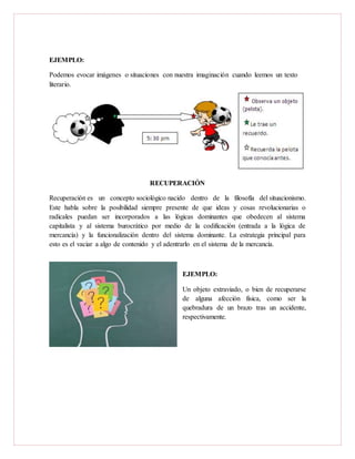 EJEMPLO:
Podemos evocar imágenes o situaciones con nuestra imaginación cuando leemos un texto
literario.
RECUPERACIÓN
Recuperación es un concepto sociológico nacido dentro de la filosofía del situacionismo.
Este habla sobre la posibilidad siempre presente de que ideas y cosas revolucionarias o
radicales puedan ser incorporados a las lógicas dominantes que obedecen al sistema
capitalista y al sistema burocrático por medio de la codificación (entrada a la lógica de
mercancía) y la funcionalización dentro del sistema dominante. La estrategia principal para
esto es el vaciar a algo de contenido y el adentrarlo en el sistema de la mercancía.
EJEMPLO:
Un objeto extraviado, o bien de recuperarse
de alguna afección física, como ser la
quebradura de un brazo tras un accidente,
respectivamente.
 