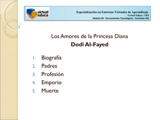Especialización en Entornos Virtuales de Aprendizaje
                                                             Virtual Educa - OEI
                             Módulo 06 - Herramientas Tecnológicas - Comisión C56




        Los Amores de la Princesa Diana
               Dodi Al-Fayed

1.   Biografía
2.   Padres
3.   Profesión
4.   Emporio
5.   Muerte
 