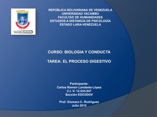 REPÚBLICA BOLIVARIANA DE VENEZUELA
UNIVERSIDAD YACAMBÚ
FACULTAD DE HUMANIDADES
ESTUDIOS A DISTANCIA DE PSICOLOGÍA
ESTADO LARA-VENEZUELA
CURSO: BIOLOGIA Y CONDUCTA
TAREA: EL PROCESO DIGESTIVO
Participante:
Carlos Ramón Landaeta López
C.I. V- 12.034.947
Sección EDO3DOV
Prof. Xiomara C. Rodriguez
Julio 2015
 