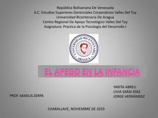 YARITA ABREU
LIVIA SARAI DÍAZ
JORGE HERNÁNDEZ
CHARALLAVE, NOVIEMBRE DE 2019
PROF. MAIELIS ZERPA
República Bolivariana De Venezuela
A.C. Estudios Superiores Gerenciales Corporativos Valles Del Tuy
Universidad Bicentenaria De Aragua
Centro Regional De Apoyo Tecnológico Valles Del Tuy
Asignatura: Practica de la Psicología del Desarrollo I
 