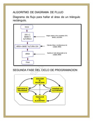 ALGORITMO DE DIAGRAMA DE FLUJO
Diagrama de flujo para hallar el área de un triángulo
rectángulo.
SEGUNDA FASE DEL CICLO DE PROGRAMACION
 