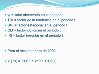  yt = valor observado en el periodo t
 TRt = factor de la tendencia en el periodo t
 SNt = factor estacional en el periodo t
 CLt = factor cíclico en el periodo t
 IRt = factor irregular en el periodo t
 Para el mes de enero de 2003
 Y (73) = 500 * 1.2* 1 * 1 = 600
 