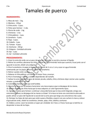 1°Av Hipervínculo Contabilidad
WendyAlexandraReyesChijocham
Tamales de puerco
INGREDIENTES:
1.-Masa de maíz - 1 kg.
2.-Manteca - 250 gr
3.-Chile ancho - 3 pzas.
4.-Polvo para hornear - 1 cda.
5.-Pierna de cerdo - 1 kg
6.-Chícharos - 1 tza.
7.-Chile poblano - 1 pza.
8.-Zanahoria - 3 pzas.
9.-Papa - 3 pzas.
10.-Cebolla - 1 pza.
11.-Tomate - 4 pzas.
12.-Aceitunas - 250 gr.
13.-Orégano - Cantidad suficiente
14.-Ajo - 1 pza.
15.-Sal - Cantidad suficiente
PROCEDIMIENTO:
1.-Cocer la carne de cerdo con un poco de sal y ajo, retirar de la cocción y reservar el líquido.
2.-Retirar las semillas y desvenar los chiles, cocinar en agua hirviendo hasta que suavicen, licuar junto con el
agua de la cocción, añadir sal y orégano.
3.-Picar la zanahoria y la papa en bastones del grosor de ½ cm a 1 cm y cocer en agua hirviendo
comenzando por las papas, escurrir y añadir las zanahorias.
4.-Retirar cuando estén cocidas.
5.-Rebanar el chile poblano y la cebolla en trozos finos y reservar.
6.-Picar el tomate en cuartos u octavos dependiendo del tamaño.
7.-Saltear la carne y añadir un poco de tomate picado, cebolla, chile y chícharos dejar cocinar unos cuantos
minutos y condimentar con sal.
8.-Calentar la manteca hasta que esté fundida.
9.-Mezclar la masa con la manteca hasta tener una masa espesa y que se despegue de las manos.
10.-Añadir el adobo de chiles hasta que la masa adquiera un color ligeramente rojizo.
11.-Agregar el polvo para hornear y continuar amasando hasta que la masa esté integrada y tenga una
consistencia suave y se despegue de las manos o el bowl. Si la masa no tiene una consistencia adecuada se
puede utilizar un poco del líquido de la cocción de la carne para que tenga una consistencia más suave.
12.-Remojar las hojas de maíz para que estén suaves y flexibles, esparcir con una cuchara la masa y colocar
el guisado de cerdo, añadir las zanahorias, tomate, papa, chile, cebolla y aceitunas.
13.-Doblar y cerrar; cocer los tamales al vapor por alrededor de 1 hora a 2 horas hasta que al abrirlos se
desprenda la masa de las hojas.
 