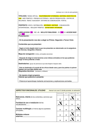 (subrayar uno o más de cada apartado)
TIPOLOGÍA: TIENDA VIRTUAL - TELEFORMACIÓN TUTORIZADA - MATERIAL DIDÁCTICO ON
LINE - WEB TEMÁTICO - PRENSA ELECTRÓNICA - WEB DE PRESENTACIÓN - CENTRO DE
RECURSOS - ÍNDICE / BUSCADOR - ENTORNO DE COMUNICACIÓN - PORTAL
PROPÓSITO: VENTA / DISTRIBUCIÓN - INFORMAR - INSTRUIR - COMUNICACIÓN
INTERPERSONAL - REALIZAR TRÁMITES - ENTRETENER / INTERESAR
LIBRE ACCESO: SI NO -///- INCLUYE PUBLICIDAD: SI NO -///- ACCESO WAP:
SI NO
Presentación:
. En la presentación nos dan a elegir en Primer, Segundo o Tercer Ciclo
Contenidos que se presentan:
. Según el ciclo elegido todo lo que nos presentan es relacionado con la asignatura
de Ciencias, Geografía e Historia.
Mapa de navegación: (índice, principales secciones)
. Después de elegir el ciclo tenemos unos índices animados en los que podemos
elegir el tema preferido a tratar.
Destinatarios: (grupo de personas al que está dirigido el espacio web)
. Esto es destinado a la ayuda de los chicos desde casa y para los padres si quieren
repasar con sus hijos desde casa
Requisitos técnicos: (hardware y software)
. No requiera ningún programa
Valores que potencia o presenta:
. Potencia el aprendizaje mediante animaciones y explicaciones animadas.
ASPECTOS FUNCIONALES. UTILIDAD marcar con una X, donde proceda, la valoración
Relevancia, interés de los contenidos y servicios que
ofrece...
Facilidad de uso e instalación de los
visualizadores........
Carácter multilingüe, al menos algunos apartados
principales...
Múltiples enlaces
externos..................................................
EXCELENTE ALTA CORRECTA BAJA
. . .X .
.X . . .
. . . .X
. . .X .
. . .X .
 
