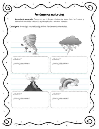 Fenómenos naturales
Aprendizaje esperado: Comunica sus hallazgos al observar seres vivos, fenómenos y
elementos naturales, utilizando registros propios y recursos impresos.
Consigna: Investiga sobre los siguientes fenómenos naturales.
.
 