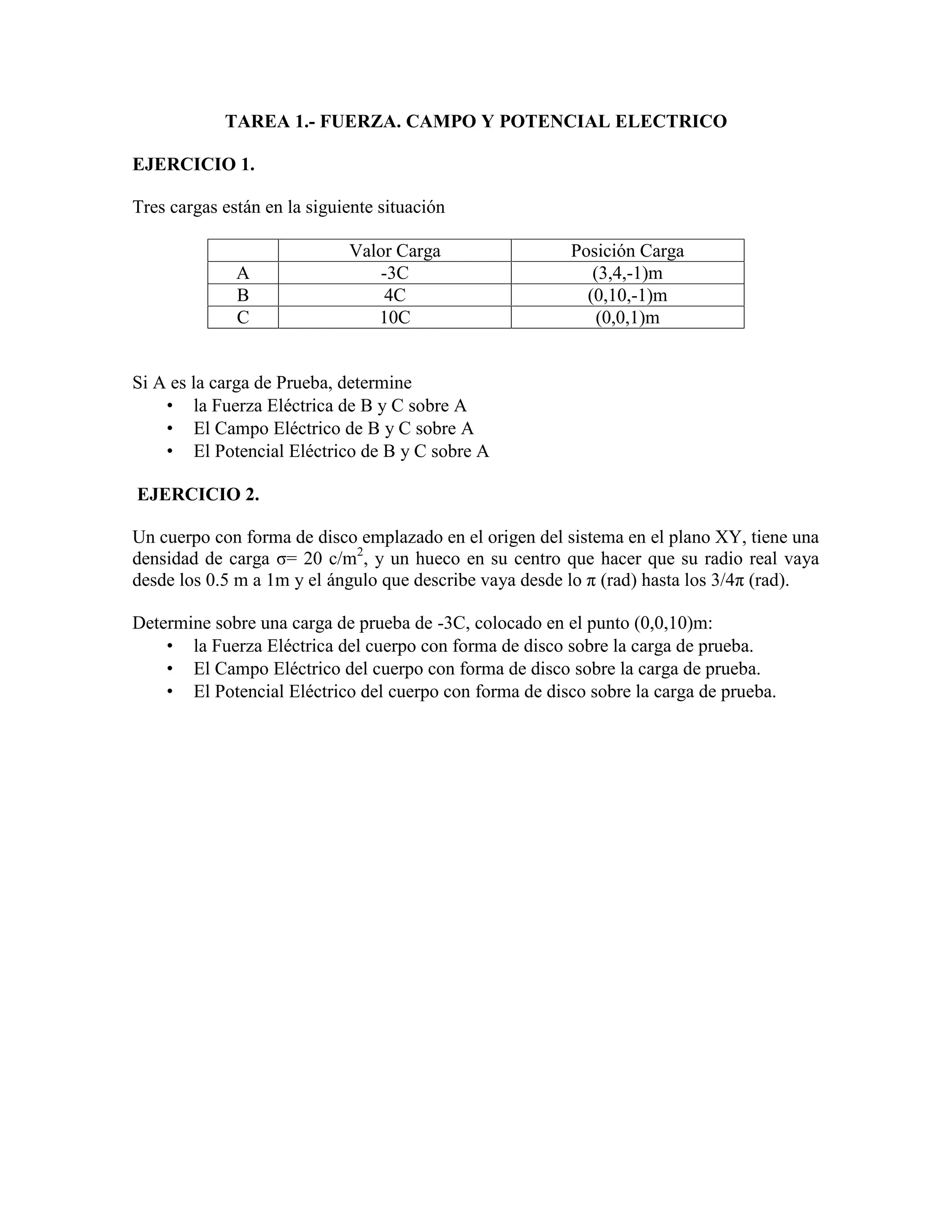 TAREA 1.- FUERZA. CAMPO Y POTENCIAL ELECTRICO
EJERCICIO 1.
Tres cargas están en la siguiente situación
Valor Carga Posición Carga
A -3C (3,4,-1)m
B 4C (0,10,-1)m
C 10C (0,0,1)m
Si A es la carga de Prueba, determine
la Fuerza Eléctrica de B y C sobre A
El Campo Eléctrico de B y C sobre A
El Potencial Eléctrico de B y C sobre A
EJERCICIO 2.
Un cuerpo con forma de disco emplazado en el origen del sistema en el plano XY, tiene una
densidad de carga σ= 20 c/m2
, y un hueco en su centro que hacer que su radio real vaya
desde los 0.5 m a 1m y el ángulo que describe vaya desde lo π (rad) hasta los 3/4π (rad).
Determine sobre una carga de prueba de -3C, colocado en el punto (0,0,10)m:
la Fuerza Eléctrica del cuerpo con forma de disco sobre la carga de prueba.
El Campo Eléctrico del cuerpo con forma de disco sobre la carga de prueba.
El Potencial Eléctrico del cuerpo con forma de disco sobre la carga de prueba.
