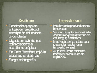Tendencia que puso énfasis en la realidad, descripción del mundo circundante. Ligado a movimientos políticos como el socialismo utópico. En Gran Bretaña surgió la escuela prerrafaelitas. Surge la fotografía. Movimiento profundamente innovador. Supuso la ruptura con el arte académico y transformación del lenguaje artístico. Inspirados en la naturaleza pretendían captar una impresión visual. Auguste Rodin sentó las bases de la escultura del siglo XX. Impresionismo  