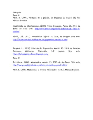 Bibliografía
Tarea 01
Mott, R. (2006). Medición de la presión. En Mecánica de Fluidos (52-56).
México: Pearson.
Enciclopedia de Clasificaciones. (2016). Tipos de presión. Agosto 25, 2016, de
Tipos de Sitio web: http://www.tiposde.org/ciencias-naturales/357-tipos-de-
presion/
Torres, Luis. (2012). Hidrostática. Agosto 25, 2016, de Blogspot Sitio web:
http://hidrostaticafisica2.blogspot.mx/p/principio-de-pascal.html
Tangient, L.. (2016). Principio de Arquímedes. Agosto 25, 2016, de Creative
Commons Attribution Share-Alike 3.0 License. Sitio web:
https://lafisicaparatodos.wikispaces.com/
Tarea 02
Tecnología. (2000). Manómetro. Agosto 25, 2016, de Are-Tecno Sitio web:
http://www.areatecnologia.com/herramientas/manometro.html
Mott, R. (2006). Medición de la presión. Manómetros (62-63). México: Pearson.
 