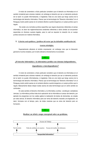 A modo de comentario a título particular considero que el derecho se informatiza en el
sentido inmaterial para volverse material, sin embargo el derecho por ser un elemento producto
de la razón no puede informatizarse, si legislarse. Esta es una duda que tengo acerca de la
terminología del derecho informatico. Pienso que la terminología de "Derecho informático" en el
Paraguay recién podrá usarse en el contexto efectivo cuando tengamos un cuerpo jurídico que lo
regule.
          No existe una normativa jurídica específica que regule situaciones referentes al campo
informático, es decir las reglamentaciones existentes referentes a dicho ámbito se encuentran
esparcidas en diversos cuerpos legales, para lo cuál se requiere la creación de un cuerpo
jurídico exclusivo en materia informática.



   5. Criterios socio-políticos y jurídicos del sector que ha defendido estatificación del

                                           recurso estratégico.

          Especialmente afectaría el ámbito empresarial, sin embargo creo que la liberación
generaría muchos empleos, por lo tanto afectaría directamente a la sociedad.


                                              TAREA 4

  ¿El derecho Informático y la informática jurídica son sistemas independientes,

                              dependientes o interdependientes?


          A modo de comentario a título particular considero que el derecho se informatiza en el
sentido inmaterial para volverse material, sin embargo el derecho por ser un elemento producto
de la razón no puede informatizarse, si legislarse. Esta es una duda que tengo acerca de la
terminología del derecho informático. Pienso que la terminología de "Derecho informático" en el
Paraguay recién podrá usarse en el contexto efectivo cuando tengamos un cuerpo jurídico que lo
regule. Básicamente deseo disipar dudas acerca de esta terminología que en cierto sentido se
confunden.
          En este sentido el Derecho informático y la Informática Jurídica constituyen verdaderas
ciencias. La informática jurídica trata de la aplicación de la informática al campo del derecho, por
ejemplo los programas con los cuáles agiliza la realización de textos de demandas, es creada
por esta ciencia. El derecho informático para ser rama del derecho necesita una legislación, es
decir, formarse con el tiempo, pero, de todas maneras que es rama del derecho pero en
formación.



                                              TAREA 5

                Realizar un árbol o mapa conceptual sobre un problema.



                                           Escases de Trabajo



No Inversión         Falta de confianza en usuarios   Escases de medios de referencia



                                      “Inseguridad Informática”
 
