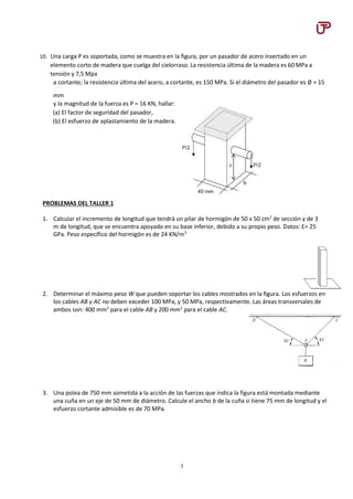 3
10. Una carga P es soportada, como se muestra en la figura, por un pasador de acero insertado en un
elemento corto de madera que cuelga del cielorraso. La resistencia última de la madera es 60 MPa a
tensión y 7,5 Mpa
a cortante; la resistencia última del acero, a cortante, es 150 MPa. Si el diámetro del pasador es ∅ = 15
mm
y la magnitud de la fuerza es P = 16 KN, hallar:
(a) El factor de seguridad del pasador,
(b) El esfuerzo de aplastamiento de la madera.
PROBLEMAS DEL TALLER 1
1. Calcular el incremento de longitud que tendrá un pilar de hormigón de 50 x 50 cm2
de sección y de 3
m de longitud, que se encuentra apoyado en su base inferior, debido a su propio peso. Datos: E= 25
GPa. Peso específico del hormigón es de 24 KN/m3
2. Determinar el máximo peso W que pueden soportar los cables mostrados en la figura. Los esfuerzos en
los cables AB y AC no deben exceder 100 MPa, y 50 MPa, respectivamente. Las áreas transversales de
ambos son: 400 mm2
para el cable AB y 200 mm2
para el cable AC.
3. Una polea de 750 mm sometida a la acción de las fuerzas que indica la figura está montada mediante
una cuña en un eje de 50 mm de diámetro. Calcule el ancho b de la cuña si tiene 75 mm de longitud y el
esfuerzo cortante admisible es de 70 MPa.
 