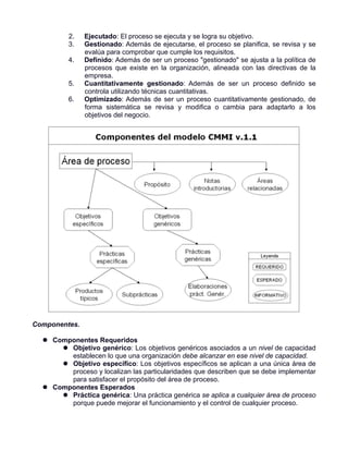 2.   Ejecutado: El proceso se ejecuta y se logra su objetivo.
          3.   Gestionado: Además de ejecutarse, el proceso se planifica, se revisa y se
               evalúa para comprobar que cumple los requisitos.
          4.   Definido: Además de ser un proceso "gestionado" se ajusta a la política de
               procesos que existe en la organización, alineada con las directivas de la
               empresa.
          5.   Cuantitativamente gestionado: Además de ser un proceso definido se
               controla utilizando técnicas cuantitativas.
          6.   Optimizado: Además de ser un proceso cuantitativamente gestionado, de
               forma sistemática se revisa y modifica o cambia para adaptarlo a los
               objetivos del negocio.




Componentes.

   Componentes Requeridos
       Objetivo genérico: Los objetivos genéricos asociados a un nivel de capacidad
        establecen lo que una organización debe alcanzar en ese nivel de capacidad.
       Objetivo específico: Los objetivos específicos se aplican a una única área de
        proceso y localizan las particularidades que describen que se debe implementar
        para satisfacer el propósito del área de proceso.
   Componentes Esperados
       Práctica genérica: Una práctica genérica se aplica a cualquier área de proceso
        porque puede mejorar el funcionamiento y el control de cualquier proceso.
 