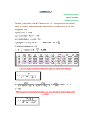 Tarea semana 2
Aquino Damian Donard
Calixto Poma Mayli
Flores Duran Jefferson
1. Se tiene una población de 4500 estudiantes del cuarto grado de secundaria,
hallar la cantidad de los elementos de la muestra con las dos fórmulas, con
margen de 0,05.
𝑁(𝑝𝑜𝑏𝑙𝑎𝑐𝑖ó𝑛) = 4500
𝑝(𝑝𝑟𝑜𝑏𝑎𝑏𝑖𝑙𝑖𝑑𝑎𝑑 𝑎 𝑓𝑎𝑣𝑜𝑟) = 0.5
𝑞(𝑝𝑟𝑜𝑏𝑎𝑏𝑖𝑙𝑖𝑑𝑎𝑑 𝑒𝑛 𝑐𝑜𝑛𝑡𝑟𝑎) = 0.5
𝐸(𝑚𝑎𝑟𝑔𝑒𝑛 𝑑𝑒 𝑒𝑟𝑟𝑜𝑟) = 0.05 Resolución 5% =
5
100
𝑍(𝑛𝑖𝑣𝑒𝑙 𝑑𝑒 𝑐𝑜𝑛𝑓𝑖𝑎𝑛𝑧𝑎 ): 1.96
𝑧 = 1 −
𝛼
2
resolución 𝟏 −
𝟎,𝟎𝟓
𝟐
= 𝟎, 𝟗𝟕𝟓
Entonces, reemplazando en la fórmula citado por Sierra Bravo se tiene:
𝑛 =
4500
0,052(4500 − 1) + 1
=
4500
0,0025(4499) + 1
=
4500
12.2475
= 367.4219228
𝑛 = 367
Mientras que mediante la fórmula citado por Alma del Cid se obtiene el siguiente
resultado:
 