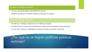 ¿Por qué no se logran políticas públicas
exitosas?
No existe un trabajo en equipo
• Formar un equipo de trabajo comprometido con la causa.
• Rodearse de expertos en diferentes materias y potencializar sus talentos.
No hay un liderazgo adecuado
• No debe ser un liderazgo unipersonal, sino un liderazgo de equipo.
• Se deben tomar en cuanta opiniones diferentes y se debe escuchar a aquellos con más experiencia.
• Un buen líder reconoce sus debilidades y se rodea de aquellos que pueden minimizarlas.
 