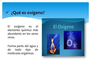  ¿Qué es oxígeno?
El oxígeno es el
elemento químico más
abundante en los seres
vivos.
Forma parte del agua y
de todo tipo de
moléculas orgánicas.
 
