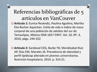 Referencias bibliográficas de 5
artículos en VanCouver
O Artículo 1: Eunice Reséndiz, Paulina Aguilera, Martha
Elia Rocher Aquichan. Estilo de vida e índice de masa
corporal de una población de adultos del sur de
Tamaulipas, México ISSN 1657-5997, Vol. 10, Nº. 3,
2010, págs. 244-252
O Artículo 2: Sandoval CEG, Burke YD, Mendizabal-Ruiz
AP, Díaz EM, Morales JA. Prevalencia de obesidad y
perfil lipídicop alterado en jóvenes universitarios.
Nutrición hospitalaria. 2014. p. 315-21.
 