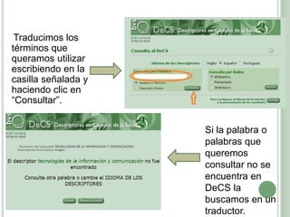 Traducimos los
términos que
queramos utilizar
escribiendo en la
casilla señalada y
haciendo clic en
“Consultar”.


                     Si la palabra o
                     palabras que
                     queremos
                     consultar no se
                     encuentra en
                     DeCS la
                     buscamos en un
                     traductor.
 
