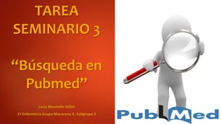 TAREA
SEMINARIO 3
“Búsqueda en
Pubmed”
Lucía Montaño Vallet
1º Enfermería Grupo Macarena A, Subgrupo 3
 