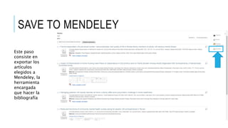 SAVE TO MENDELEY
Este paso
consiste en
exportar los
artículos
elegidos a
Mendeley, la
herramienta
encargada
que hacer la
bibliografía
 