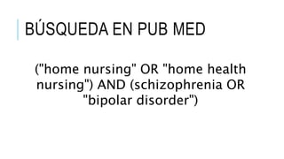 BÚSQUEDA EN PUB MED
("home nursing" OR "home health
nursing") AND (schizophrenia OR
"bipolar disorder")
 