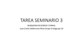 TAREA SEMINARIO 3
BUSQUEDA EN SCOPUS Y CINAHL
Juan Carlos Valderrama Pérez Grupo 4 Subgrupo 19
 