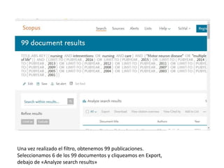 Una vez realizado el filtro, obtenemos 99 publicaciones.
Seleccionamos 6 de los 99 documentos y cliqueamos en Export,
debajo de «Analyze search results»
 