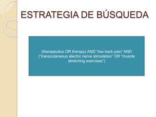ESTRATEGIA DE BÚSQUEDA 
(therapeutics OR therapy) AND “low back pain” AND 
(“transcutaneous electric nerve stimulation” OR “muscle 
stretching exercises”) 
 