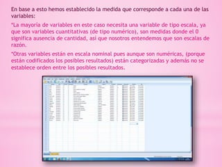 En base a esto hemos establecido la medida que corresponde a cada una de las
variables:
*La mayoría de variables en este caso necesita una variable de tipo escala, ya
que son variables cuantitativas (de tipo numérico), son medidas donde el 0
significa ausencia de cantidad, así que nosotros entendemos que son escalas de
razón.
*Otras variables están en escala nominal pues aunque son numéricas, (porque
están codificados los posibles resultados) están categorizadas y además no se
establece orden entre los posibles resultados.
 