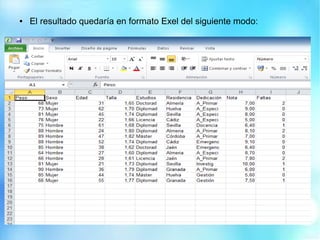 ● El resultado quedaría en formato Exel del siguiente modo:
 