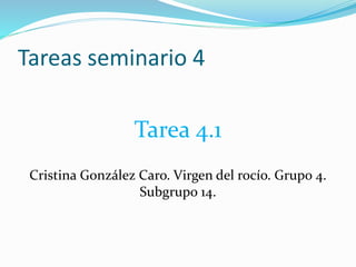 Tareas seminario 4
Tarea 4.1
Cristina González Caro. Virgen del rocío. Grupo 4.
Subgrupo 14.
 