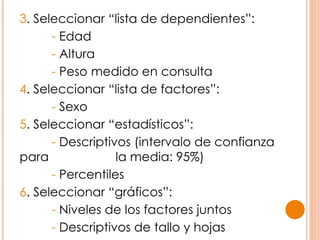 3. Seleccionar “lista de dependientes”:
- Edad
- Altura
- Peso medido en consulta
4. Seleccionar “lista de factores”:
- Sexo
5. Seleccionar “estadísticos”:
- Descriptivos (intervalo de confianza
para la media: 95%)
- Percentiles
6. Seleccionar “gráficos”:
- Niveles de los factores juntos
- Descriptivos de tallo y hojas
 