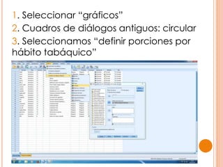 1. Seleccionar “gráficos”
2. Cuadros de diálogos antiguos: circular
3. Seleccionamos “definir porciones por
hábito tabáquico”
 