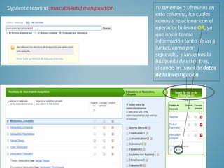 Siguiente termino musculosketal manipulation Ya tenemos 3 términos en
esta columna, los cuales
vamos a relacionar con el
operador boleano OR, ya
que nos interesa
información tanto de las 3
juntas, como por
separado, y lanzamos la
búsqueda de estos tres,
clicando en bases de datos
de la investigación
 